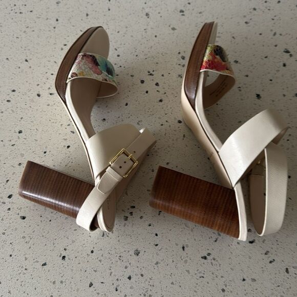 Cole Haan Cream & Floral Sandals Elegant Block Heel Buckle Ankle Strap Size 8B - Picture 10 of 16